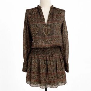 Frame Party Paisley Silk Metallic Long Sleeve Mini Dress Deep Moss Size Large